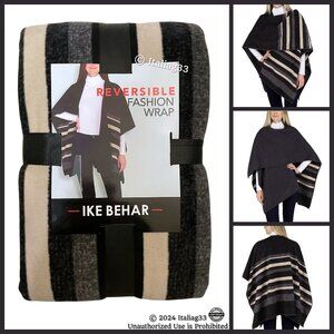 Ike Behar REVERSIBLE Fashion Wrap Shawl in Cream Gray & Black Stripe & Solid NEW